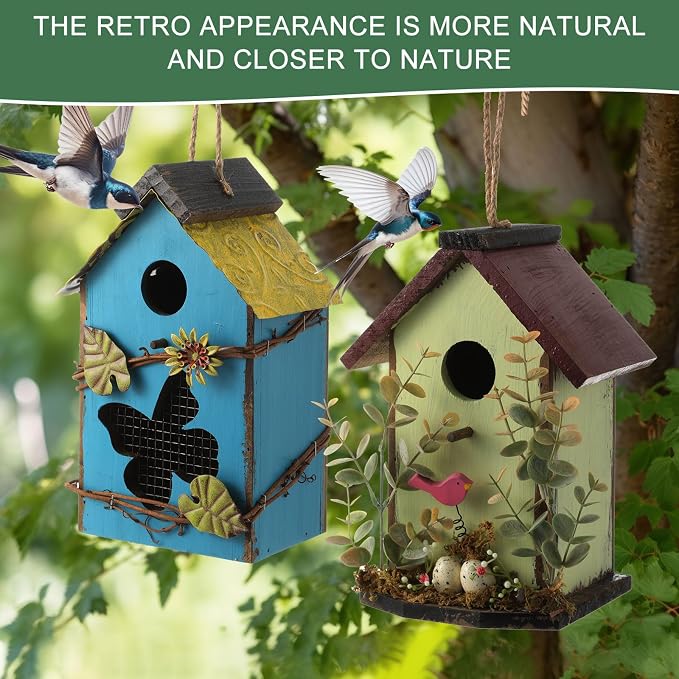 DoubleFill 2 Pcs Birdhouses for Outdoor Hanging Yard Outside Wooden Birdhouse Hand Painted Bird Box for Bird Lovers Bluebird Tree Garden Decor Decorative Birdhouse(Blue,Light Green,Iron Roof)