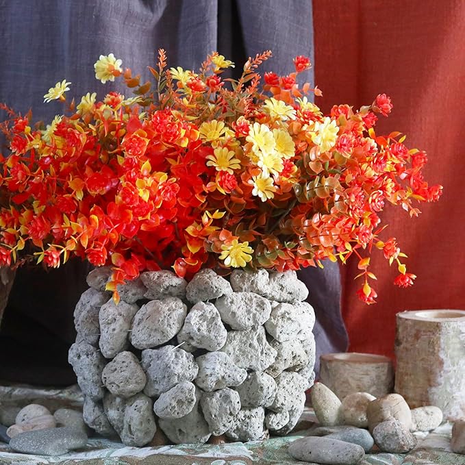 16 Bundles Artificial Fall Mums Flowers Plants Outdoors, Faux Plastic Shrubs Fake Greenery UV Resistant for Garden Patio Decor Window Box Office Hanging Planter Pathway Front Porch (Orange Mixed)