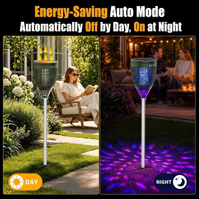 Rossetta Solar Bug Zapper Outdoor, Mosquito Zapper with Flame Lamp & Projector Light, 4200V Electric Fly Zapper Waterproof Rechargeable Mosquito Killer, Cordless Fly Trap for Patio, Backyard, Garden
