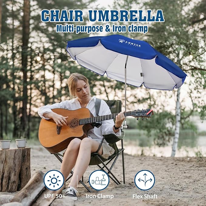 AMMSUN Chair Umbrella with Universal Clamp Adjustable 47 inches and 360° Swivel & UPF 50+ Protection Portable Sun Umbrella, Secure Clip on Camping/Beach Chairs, Stroller, Wheelchair, Golf cart, Lounger, Blue, Large-sized