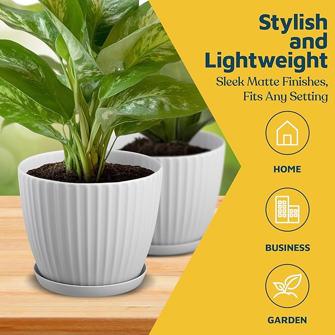 White 6-Inch Plant Pots with Drainage & Saucers 24 Pack, Indoor & Outdoor Planters for Houseplants, Herbs, and Flowers, Durable & Weatherproof Material, Stackable, Lightweight, Minimalist Design