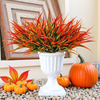12 Bundles Fake Fall Outdoor Plants Artificial Grass Fall Stems Faux Plastic Fall Shrubs for Home Garden Pathway Window Box Front Porch Cemetery Fall Decor, Autumn Orange