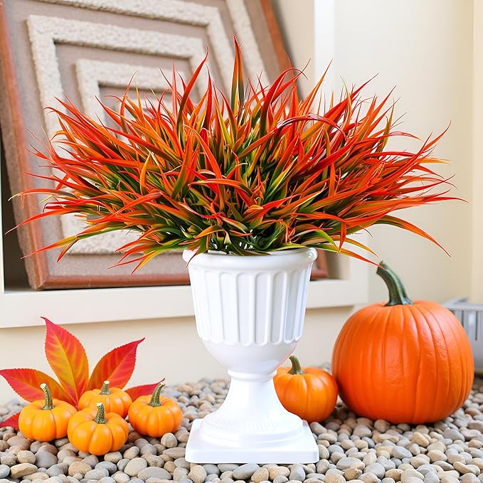 12 Bundles Fake Fall Outdoor Plants Artificial Grass Fall Stems Faux Plastic Fall Shrubs for Home Garden Pathway Window Box Front Porch Cemetery Fall Decor, Autumn Orange