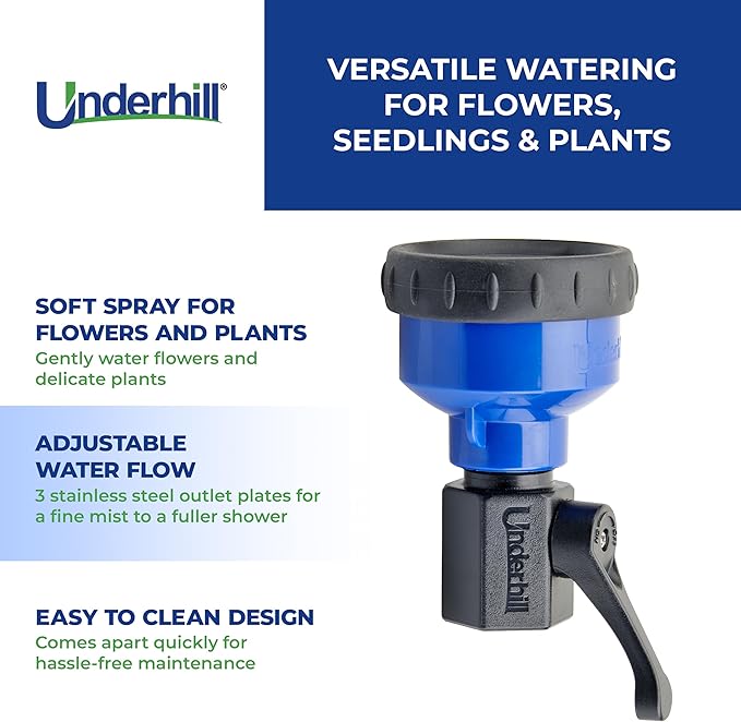 Underhill RainPro™ Gentle Spray Nozzle w/valve - Professional Soft Rain Shower Hose Nozzle with 3 Pattern Options – Unbreakable commercial quality for Gardens, Nurseries & Greenhouses