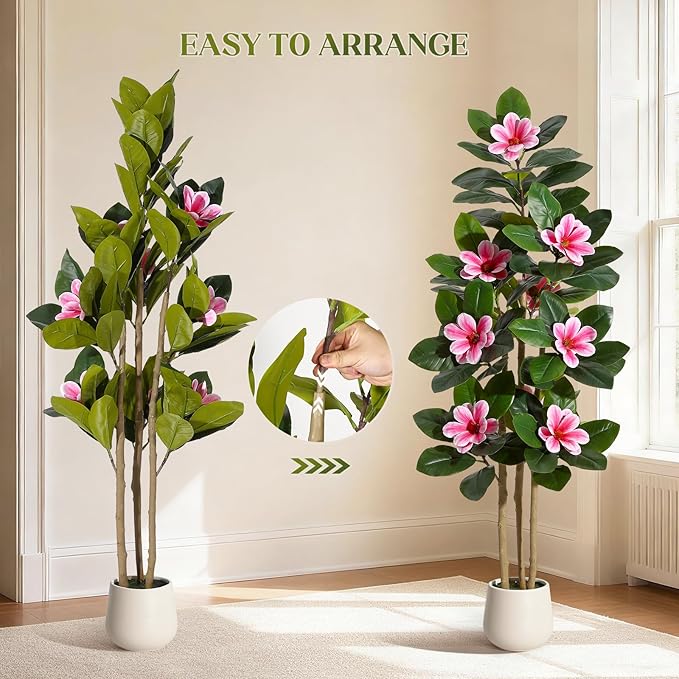 GarveeHome Faux Rubber Tree, 60 Inch Artificial Plants Indoor with Real Touch Leaves and Multi Trunks, Artificial Tree Fake Potted Plants with Pink Flowers for Home Decor Office Living Room