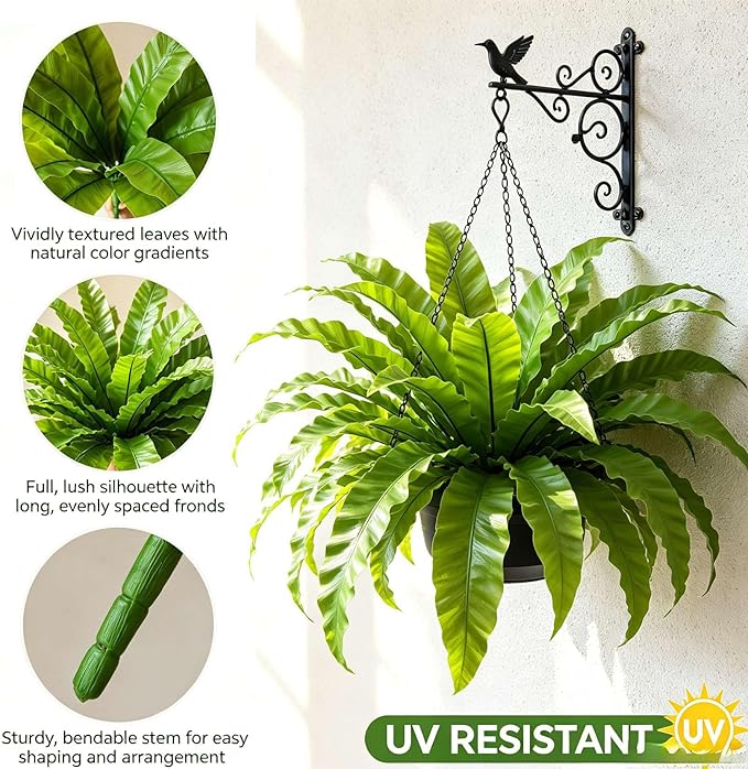 4 Pack Artificial Ferns Plants for Outdoors, UV Resistant, 23'' Outdoor Faux Bird Nest Fern with 72 Large Leaves, Realistic Fake Plant for Front Porch Pots Patio Hanging Planter Home