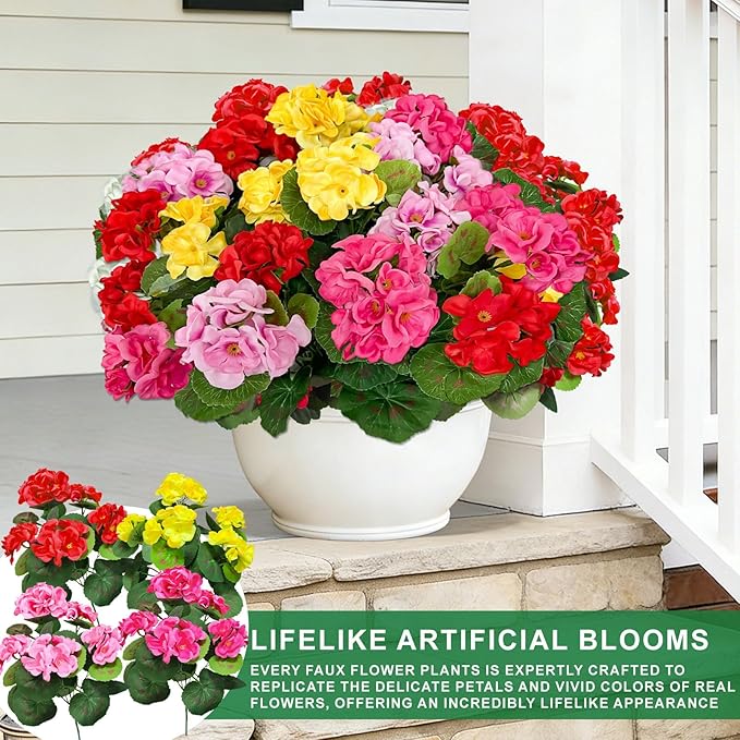 TURNMEON Artificial Geraniums Flowers for Outdoors Summer Decoration, 4 Bundles Fake Flowers Silk Color Flowers UV Resistant No Fade Faux Plants for Planter Gardens Table Porch Indoor Cemetery Decor