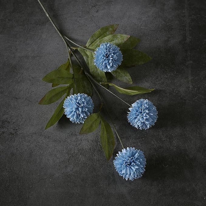 VIERENA 6 Pcs Faux Silk Pompon Mum Artificial Flowers for Vase -27", Bulk Fake Chrysanth Branches with Stems for DIY Bouquet Centerpieces Wedding Fillers Arrangements Shower Decorations (Dusty Blue)