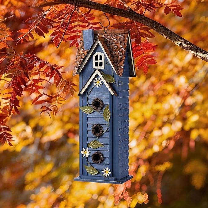 Glitzhome Bird Houses for Outside,Hand Painted Hanging Bird House for Outdoors, 24.25" H Oversized 3-Tiered Villa Decorative Wooden Bird Houses Large Birdhouse for Garden, Washed Blue