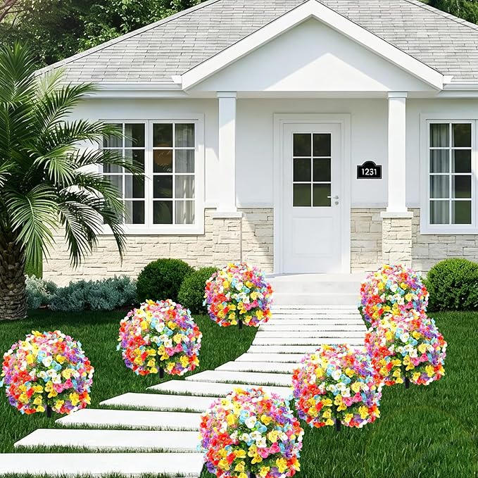 2 Pack Artificial Pansy for Outdoors with Ground Spike, Artificial Flowers Topiary Ball Trees Faux Flowers Bushes for Front Porch Planters Patio Garden Yard Decor (Purple, Red, Blue, White, Yellow)