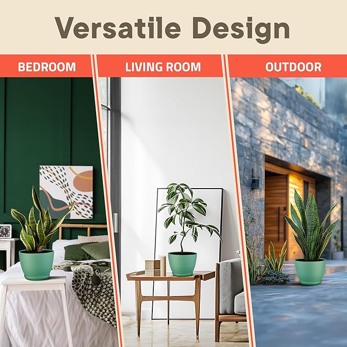 Planter Pots with Drainage Holes - Lightweight, Durable, & Space-Saving Pots for Indoor and Outdoor - Versatile Functionality, Simple Modern Design, Set of 3 Plastic Planter Pots Mint