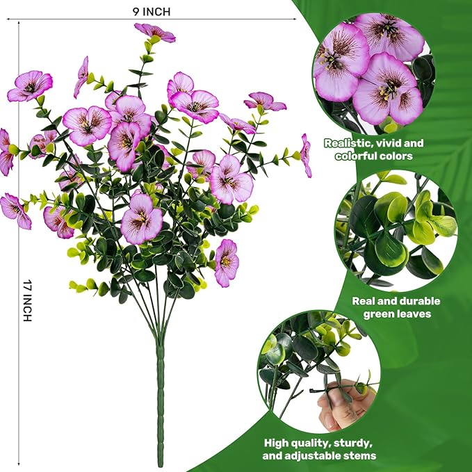 17 Inch Artificial Faux Pansy Flowers for Outdoor,Fake Pansies Flowers with Eucalyptus Leaves Fake Plants Greenery Boxwood Porch Patio Decor 6 Bundles(Pink Purple,Dark Yellow,Magenta)