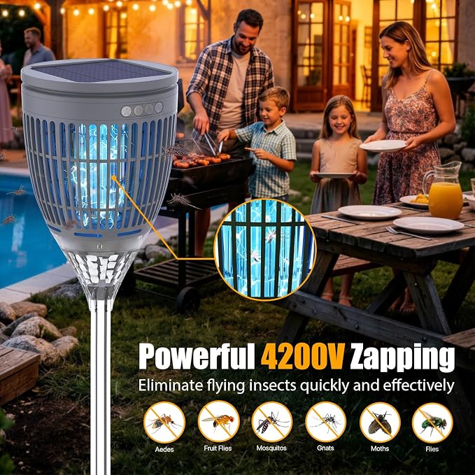 Rossetta Solar Bug Zapper Outdoor, Mosquito Zapper with Flame Lamp & Projector Light, 4200V Electric Fly Zapper Waterproof Rechargeable Mosquito Killer, Cordless Fly Trap for Patio, Backyard, Garden