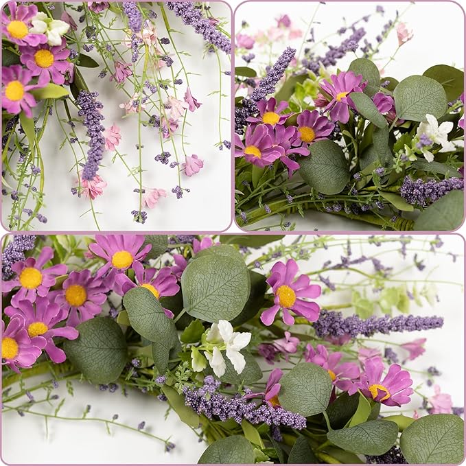 26" Spring Summer Wreaths for Front Door, Artificial Green Eucalyptus Lavender Purple Daisies Wildflower Berries Handmade Floral Year Round Indoor Outdoor Porch Home Decor