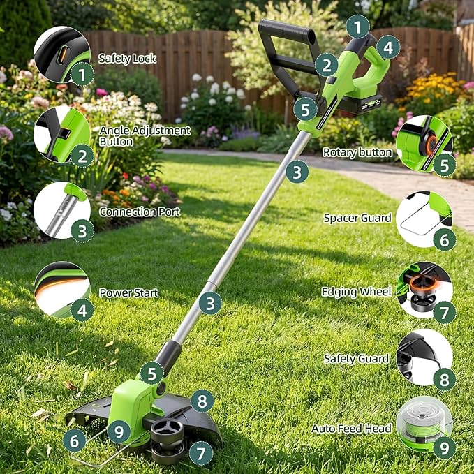 21V Weed Wacker Cordless & Lawn Edger, 9000RPM Electric Weed Eater with 2x2.0Ah Battery, 12" Auto Line Feed String Trimmer with 8 Pcs Spools, Lightweight Edger Lawn Tool for Yard, Green