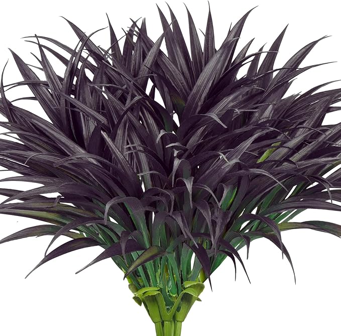 Ouddy Decor 20 Pcs Fake Outdoor Plants Artificial Grass Greenery Stems Faux Plastic Plants UV Resistant for Spring Summer Indoor Outside Garden Hanging Porch Patio Window Box Home Decor, Black Purple