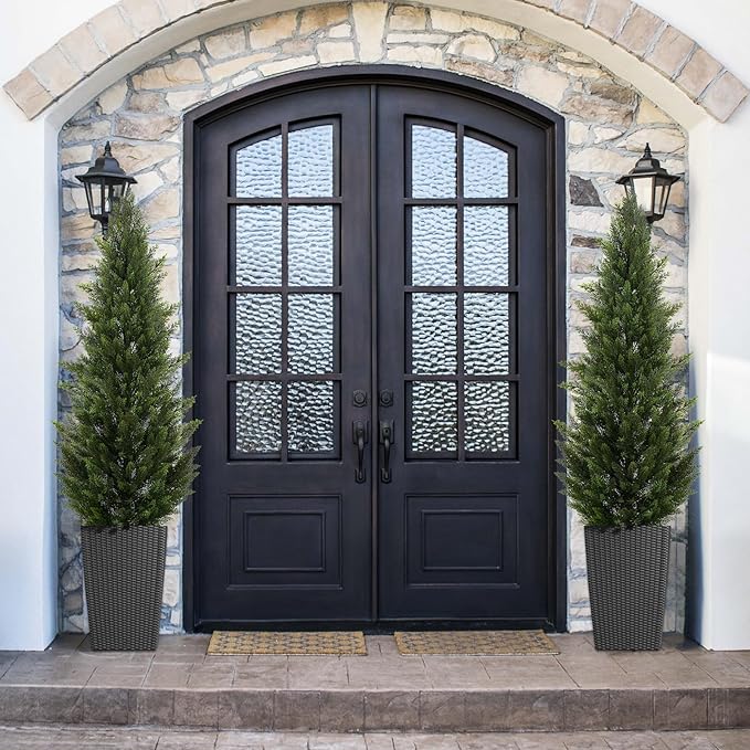 Outdoor Artificial Cedar Topiary Tree, Faux Evergreen Shrubs for Front Porch Decor, Lifelike Fake Bushes Plants for Home Living Room Front Door Decor (1, 6ft)