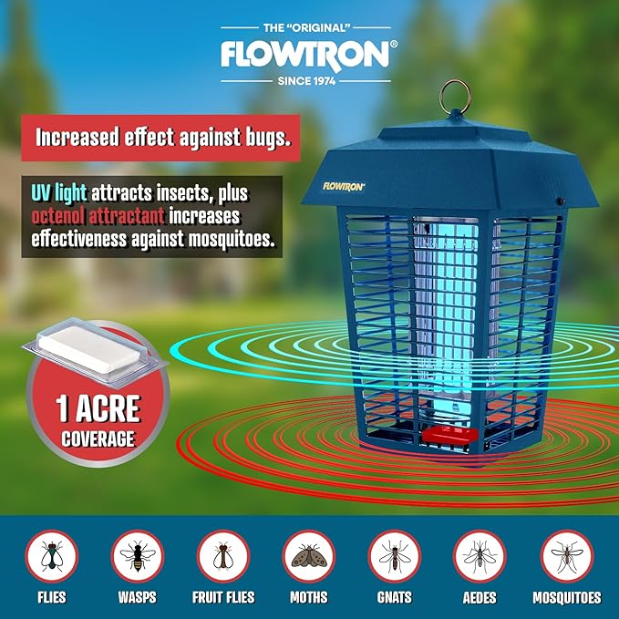 Flowtron Bug Zapper, 1 Acre of Outdoor Coverage with Powerful 40W Bulb & 5600V Instant Killing Grid, Electric Insect, Fly & Mosquito Zapper, Made in The USA - Blue Color