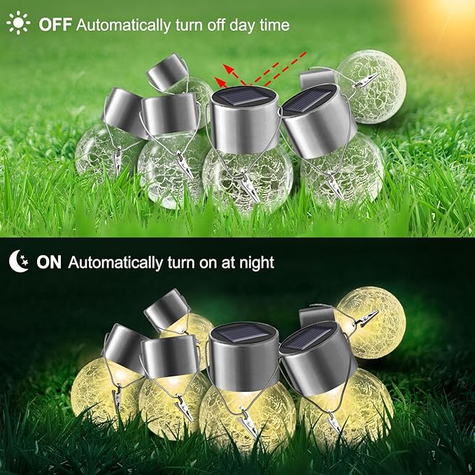 Solar Outdoor Lights Decorative 12 Pack, Hanging Solar Garden Lights Waterproof, Solar Powered Globe Cracked Glass Ball Lantern for Yard Patio Fence Tree Umbrella Holiday Decoration, Warm White