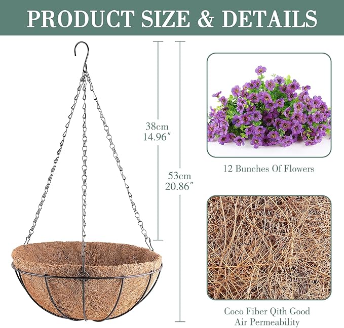 Artificial Flowers Hanging Plants in Basket,Artificial Hanging Flowers for Spring Outdoor Indoor Decor,UV Resistant hanging Baskets with Fake Flowers for Summer Patio Garden Porch Deck Home Decor