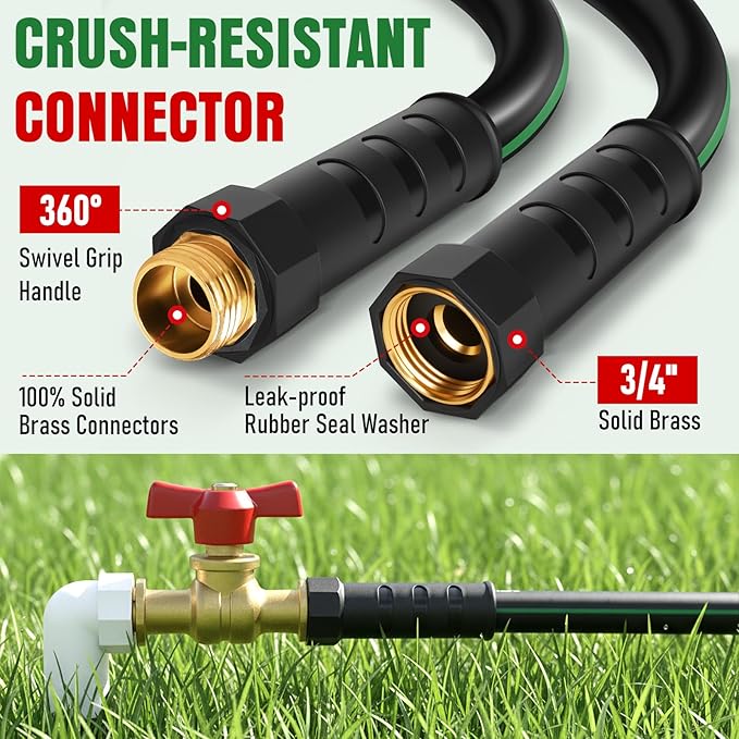 Heavy Duty Garden Hose 100 ft, NON-EXPANDABLE Water Hose with 10 Function Spray Nozzle, Lightweight Kink-less Hybrid Hose with Swivel Handle, Male to Female Fittings