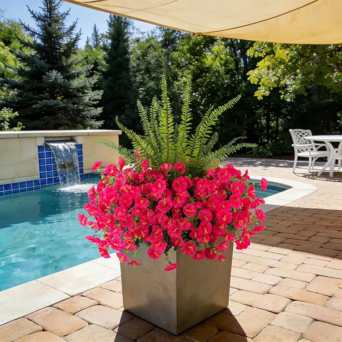 Hrobek Artificial Flowers for Outdoors Faux Plants Outside Indoor,UV Resistant Silk Fake Petunia Ferns for Home Patio Garden Back Yard Front Porch Decor(13 Bunches,Hot Pink)