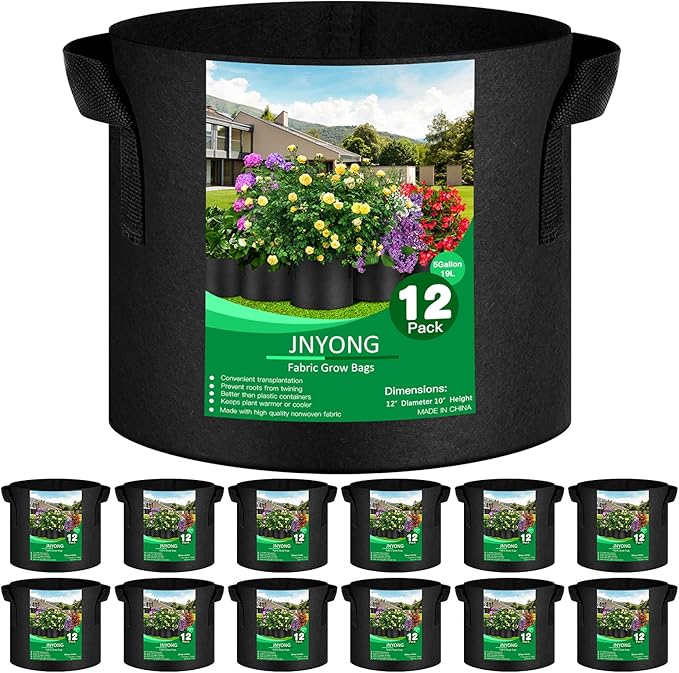 JNYONG 12-Pack 5 Gallon Thickened Non-Woven Grow Bags, Aeration Fabric Pots with Handles