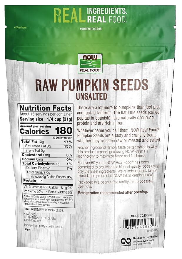 NOW Foods, Pumpkin Seeds, Raw and Unsalted, Essential Fatty Acids, Rich in Iron, Excellent Source of Protein, Certified Non-GMO, 1-Pound (Packaging May Vary) (Pack of 2)