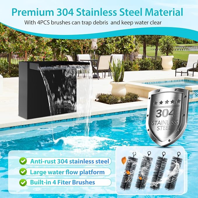 POPOSOAP Pond Waterfall Spillway with Pump Kit, 13.4" H x 12" W Stainless Steel Pond Waterfall Box with Pond Pump, Filtration, 10FT Corrugated Tubing for Outdoor Garden Pond Spillway