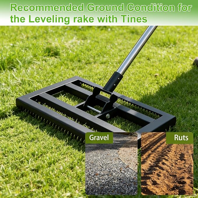 Lawn Leveling Rake 17"x10" for Soil, Gravel Leveling Tool Heavy Duty with Adjustable Long Handle, Garden Level Rake with Tines for Yard, Landscape, Leveling Sand, Grass, Dirt, Ergonomic & Durable