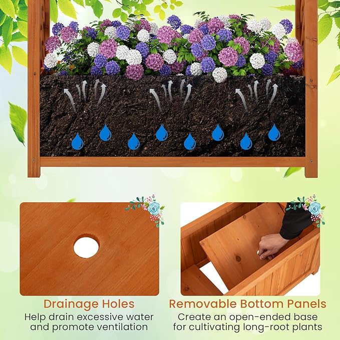 HAPPYGRILL Raised Garden Bed with Trellis, Wooden Elevated Planter Box w/Ached Roof & Detachable Bottom Panels, Liner, Drainage, Indoor Outdoor Wood Planter for Climbing Plants Vine Flower (1)