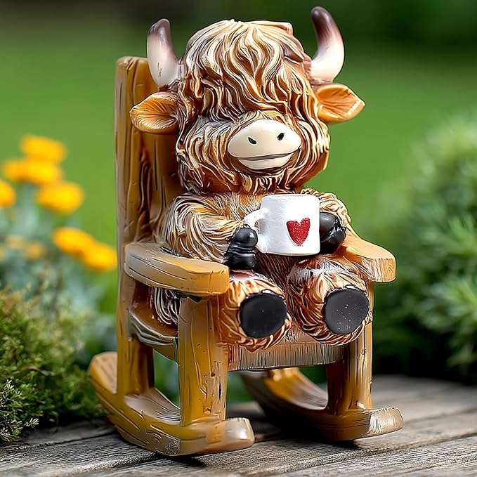 LIULO TOOL Solar Powered Miniature Highland Cow Decor, Fairy Garden Accessories, Outdoor Lights Solar Figures for Outdoor Garden Yard, Gift for Mom Grandma