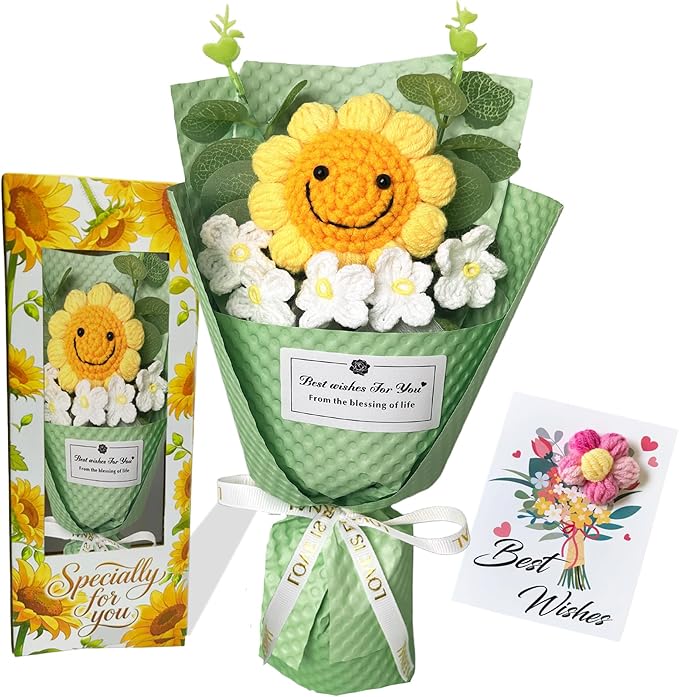 PXFCXVMQ Crochet Sunflower Bouquet,Pink Handmade Knitted Artificial Flower Gift with Card and Box,Smiley Sunflower Bouquet for Graduation, Birthday, Mother's Day,Teacher Appreciation Gift