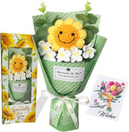 PXFCXVMQ Crochet Sunflower Bouquet,Pink Handmade Knitted Artificial Flower Gift with Card and Box,Smiley Sunflower Bouquet for Graduation, Birthday, Mother's Day,Teacher Appreciation Gift