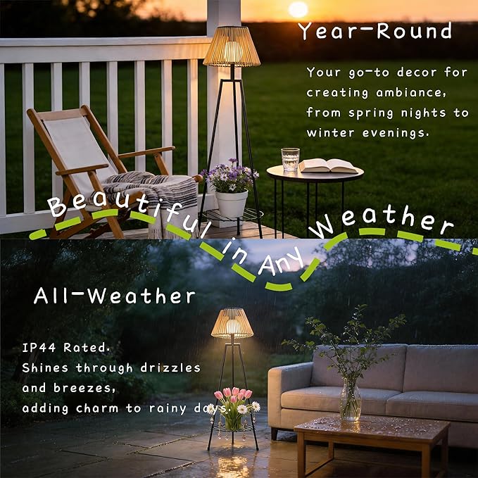 Outdoor Solar Floor Lamp, 36'' Solar Lights Outdoor Waterproof with Plant Stand, Dusk to Dawn, Warm Yellow Light, Black Metal Stand for Deck Porch Patio Garden Decor