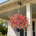 GLIDLION Artificial Flower & Eucalyptus with Hanging Basket - 2PCS Faux UV Sun Resistant Morning Glory in Planter, Fake Colorful Silk Flowers for Spring Summer Porch Patio Balcony Yard Decor (Red)