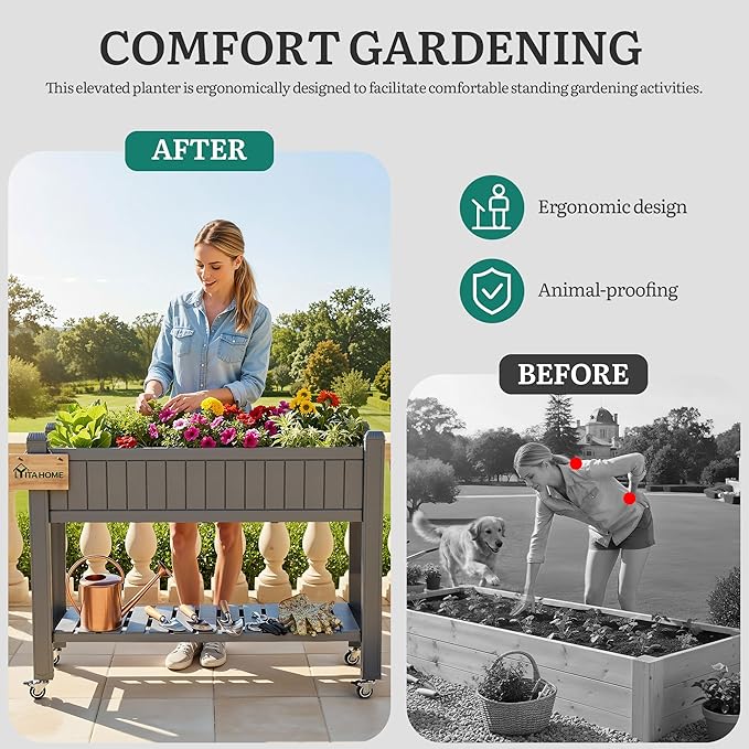 YITAHOME 42.5x17.3x35.4 in Raised Garden Bed, Outdoor Plastic Planter Box with Wheels, Legs, Drain Plug, and Storage Shelf for Plants, Vegetables, Flowers, Herbs, Brown