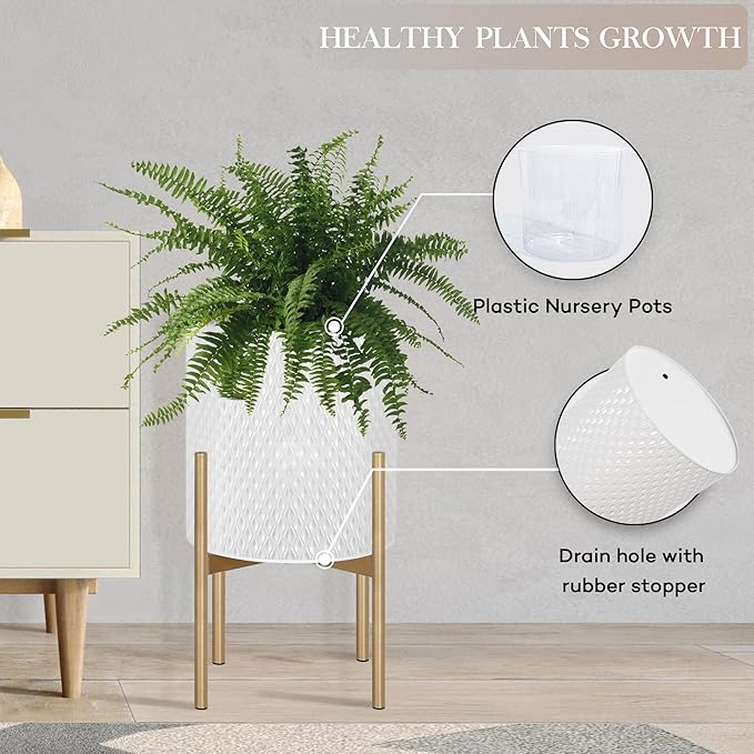 Oakrain Planters for Indoor Plants, Set of 2 Modern Planter with Stand, Decorative Metal Planter Pots for Living Room, Office, Garden, Balcony, 8"&10", Off-White