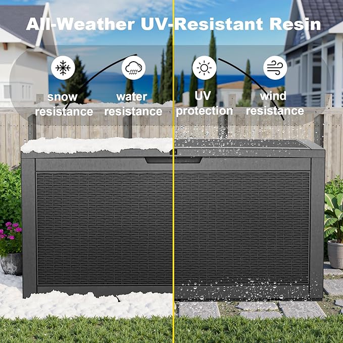 PatioZen 100 Gallon Resin Deck Box, Lockable Patio Outdoor Storage Box for Furniture, Garden Tools and Tools Storage, Waterproof Outside Storage Boxes - Black