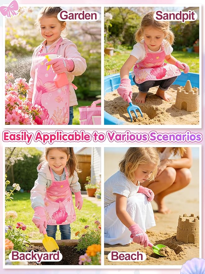 Kids Gardening Tool Set - Garden Tools for Kids with Shovel Trowel Rake Apron Gloves Watering Can and Tote Bag, Outdoor Toys Great Gifts for 3 4 5 6 7 8+ Years Old Girls (Upward Mermaid Tail)