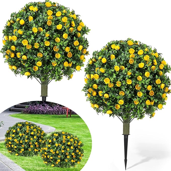 Lunmon 2 Pack 24" Artificial Topiary Ball Plants Trees with Flowers, Outdoor Fake Topiary Plants with Ground Spike, UV Resistant Faux Bushes for Indoor Outdoor Front Door Decor(Yellow,Rose)