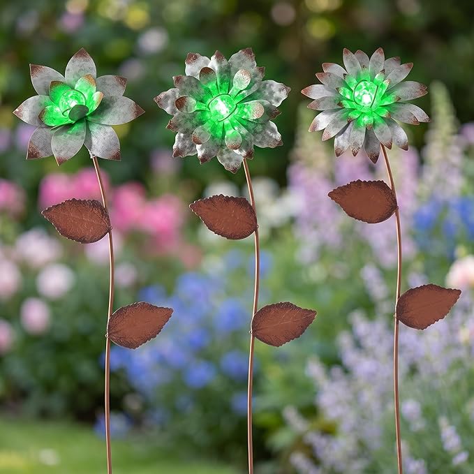 Topadorn 3-Pack Glow-in-the-Dark Metal Flower Garden Stakes, 14" Weatherproof Outdoor Plant Picks, Rustic Yard Art for Lawn & Patio