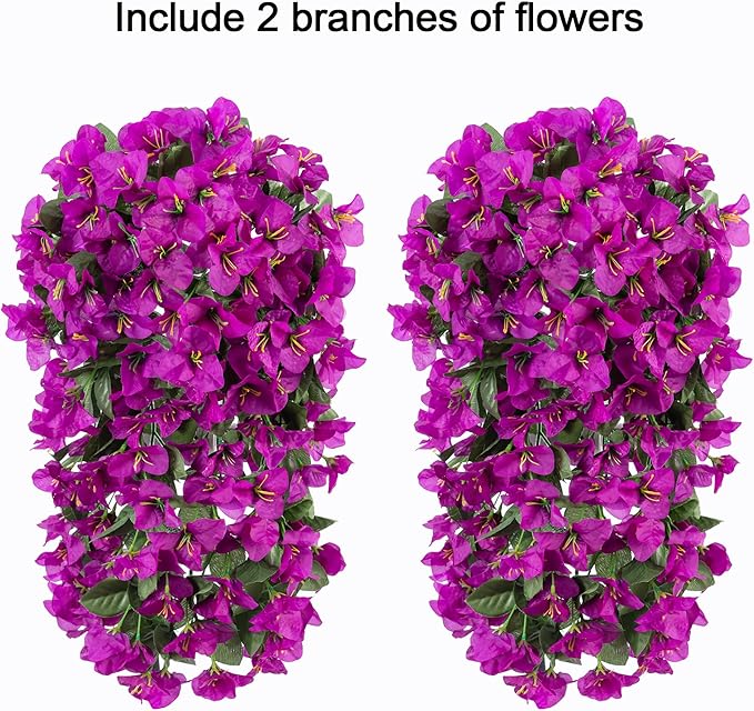 HyeFlora Bougainvillea Artificial Hanging Flowers Plants for Outdoors Decoration, 2pcs Purple Fake Flowers Silk Bougainvillea Vines Realistic UV Resistant Faux Flowers for Outdoor Planters Patio Urn