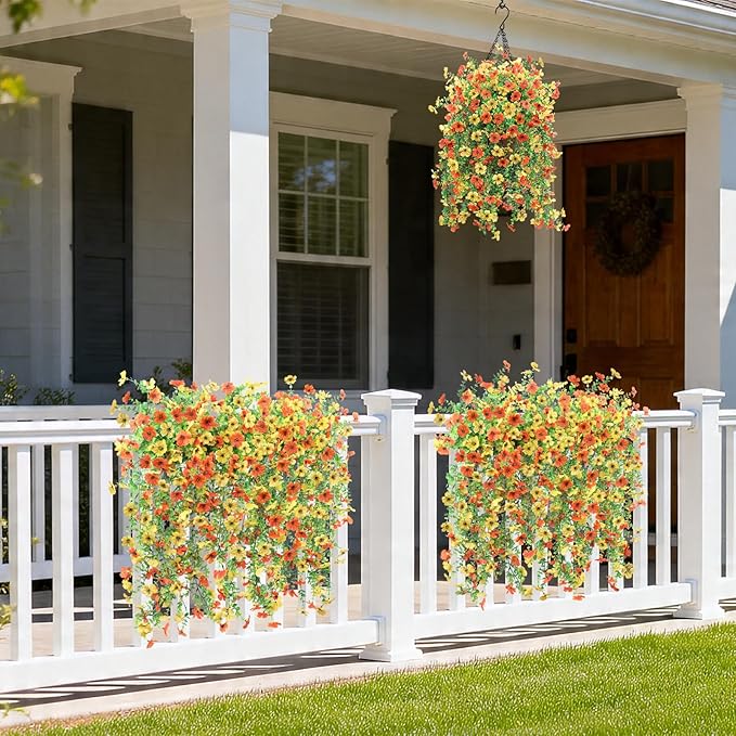 Fake Artificial Hanging Flowers for Outdoors, 2 Pcs Fake Hanging Plant Spring Summer Decor, UV Resistant No Fade Faux Silk Daisy Flower for Front Door Porch Planter Patio Yard Garden(Orange Yellow)