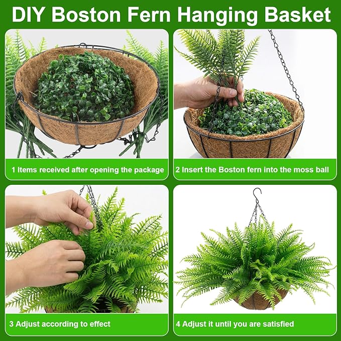 lovemoon Fake Ferns Plant Baskets,2PCS Artificial Hanging Plants,2 Hanging Planters with 24 Pcs Leaves for Indoor Outside Decorations for Front Porch Garden Balcony Patio Home Decor (2, Light Green)