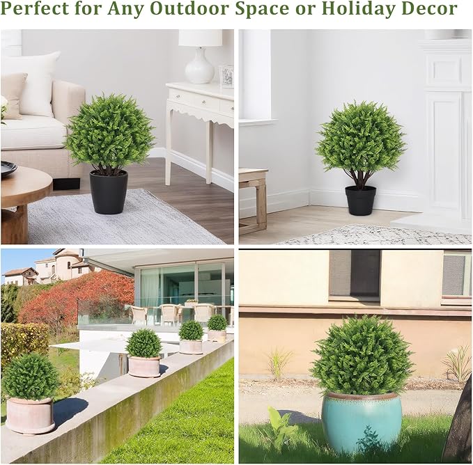 24" Artificial Outdoor Plants Set of 2 – UV Resistant Faux Cedar Topiary Trees, Realistic Fake Bushes and Shrubs for Front Porch, Patio, Outside Planters Decor