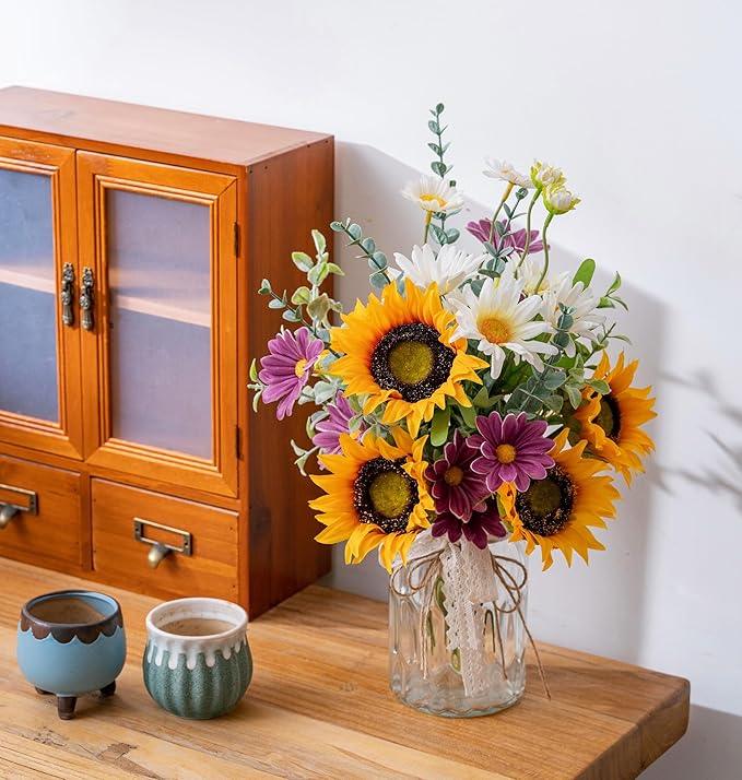 Artificial Faux Flowers in Vase for Home, Fake Flowers Arrangment with Pot, Sunflower Silk Daisy Bouquet for Fall Spring & Summer Decor Coffee Table Dinning Room Kitchen Centerpiece Table Decorations