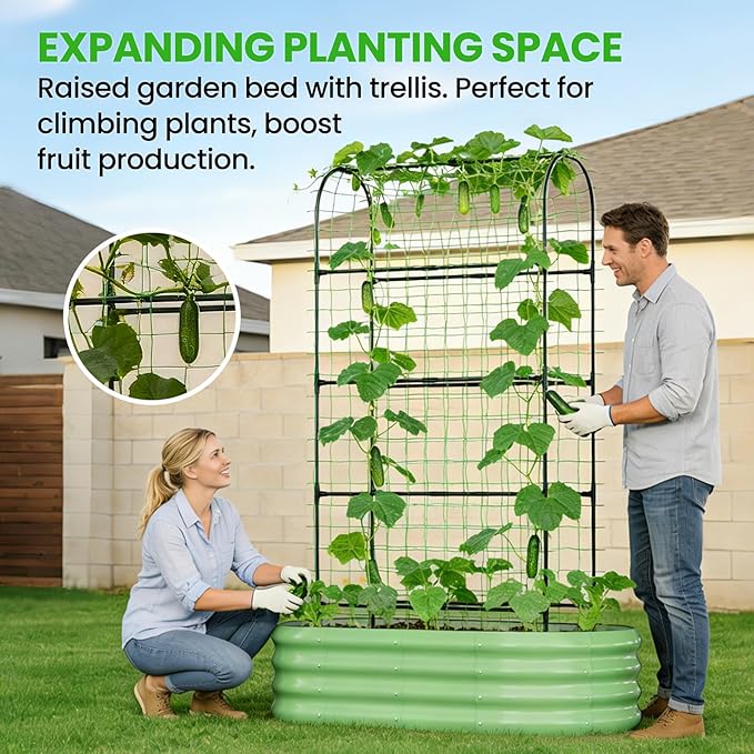 DoCred 2 in 1 Galvanized Raised Garden Bed, 1Pcs Garden Planter Box with 71" H Trellis for Climbing Plants, Outdoor Gardening Raised Beds with Climbing Net for Fruits, Vegetables, Flower (Green)