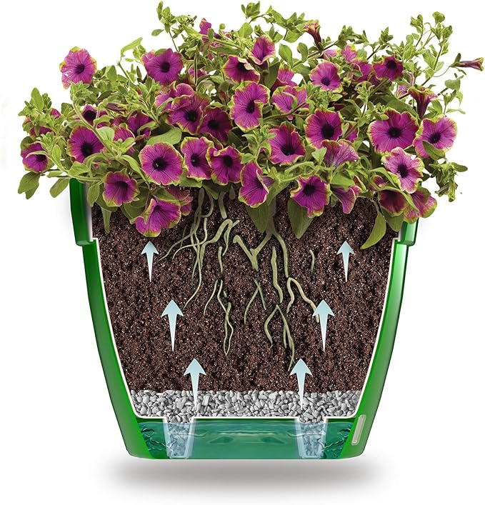 DecoPots - 7.1 Inch Self Watering Planter - Modern Flower Pot with Water Level Indicator for All House Plants, Flowers, Herbs (Diameter 7.1", White/Black)