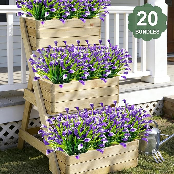 TURNMEON 20 Bundles Calla Lily (400 Heads) Artificial Flowers for Outdoors, Fake Plants UV Resistant Faux Plastic Fake Flowers for Indoor Planter Home Porch Yard Spring Summer Cemetery Decor(Purple)